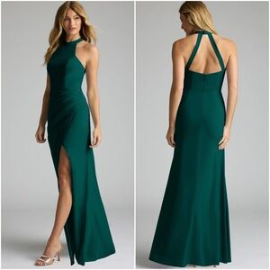 AZAZIE GALICIA Pine Mermaid Halter Pleated Stretch Chiffon Dress
